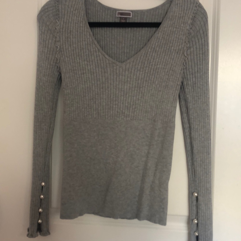 Grey V neck sweater with pearl embellishments